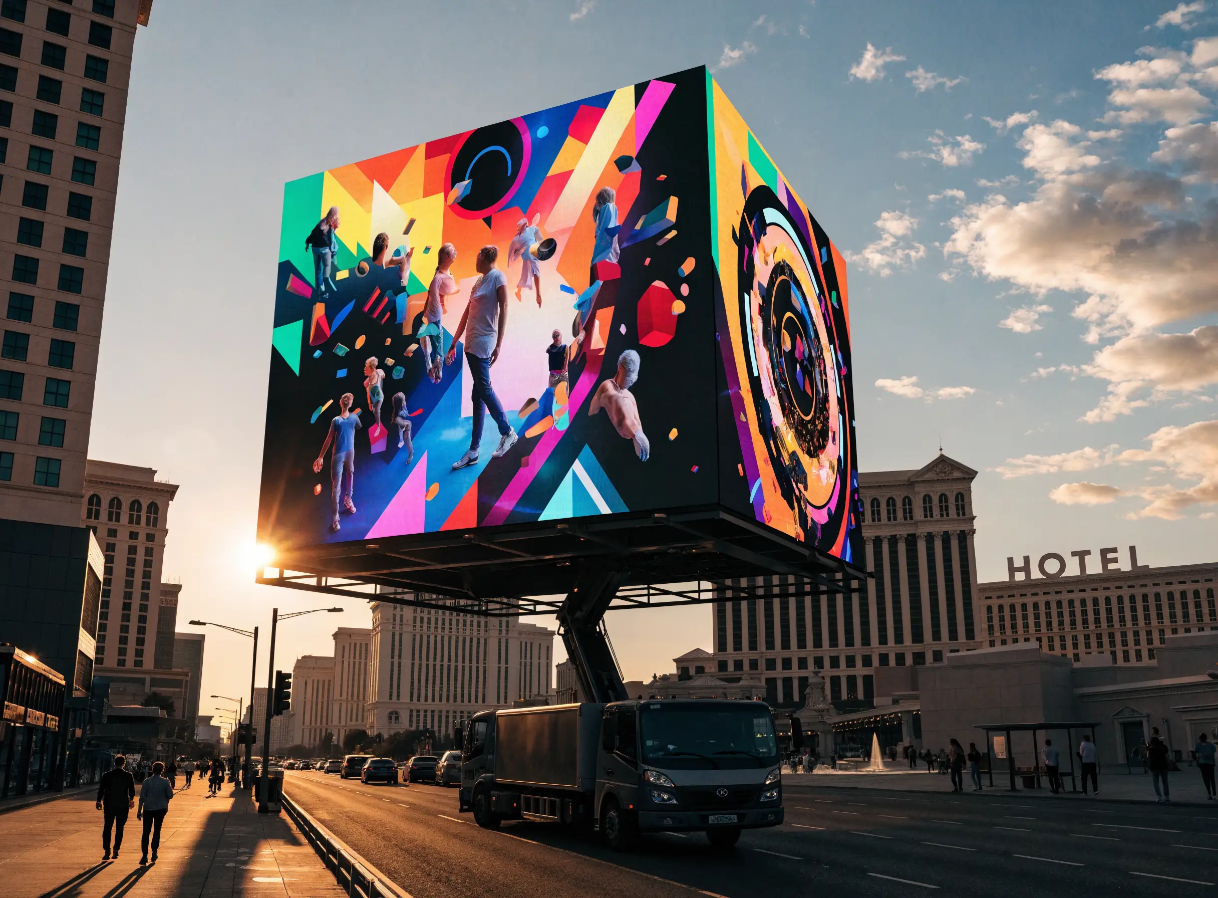 FTL Tri-Fold LED truck with its hydraulic lift raised on the Las Vegas Strip, three seamless 4K panels showing a vibrant advertisement